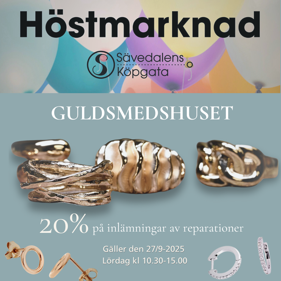 Vi på Guldsmedshuset har öppet 10.30 – 15.00 och bjuder på extra fina erbjudanden:  ✨ 20% på reparationer & puts ✨ 10% på guldkedjor ✨ 15% på silverkedjor ✨ 20% på smyckesvårdsprodukter